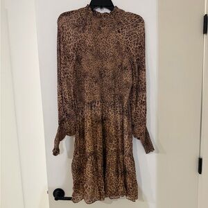 Monique Lhuillier Brown Leopard Long Sleeve Dress